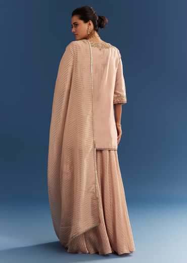 Blush Pink Chanderi Kurta Palazzo Set With Organza Dupatta