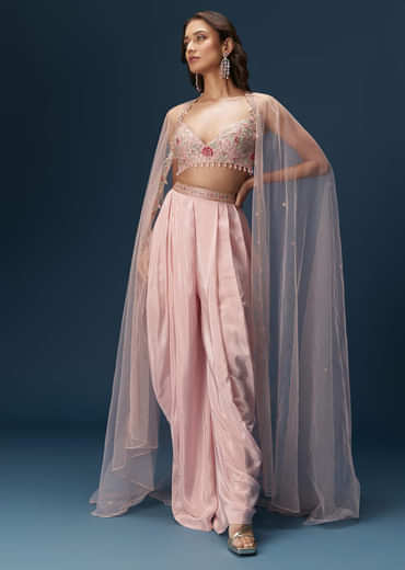Blush Pink Dhoti Set With Embroidered Blouse And Soft Dupatta