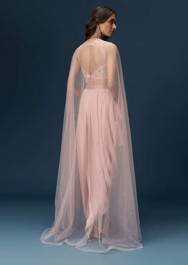 Blush Pink Dhoti Set With Embroidered Blouse And Soft Dupatta