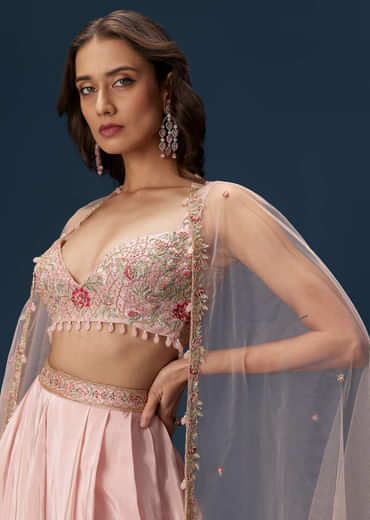 Blush Pink Dhoti Set With Embroidered Blouse And Soft Dupatta