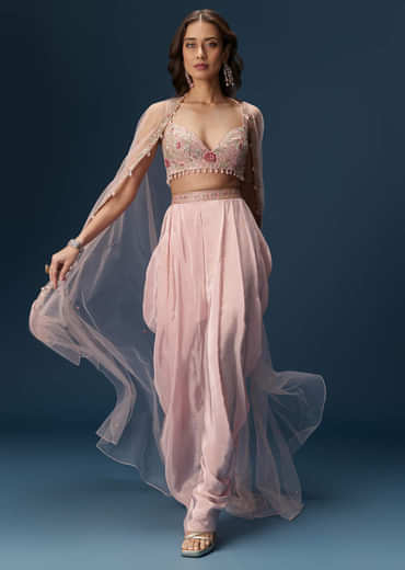 Blush Pink Dhoti Set With Embroidered Blouse And Soft Dupatta