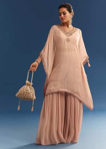 Blush Pink Embroidered Kaftan Sharara Set In Organza