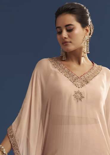 Blush Pink Embroidered Kaftan Sharara Set In Organza