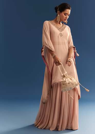 Blush Pink Embroidered Kaftan Sharara Set In Organza