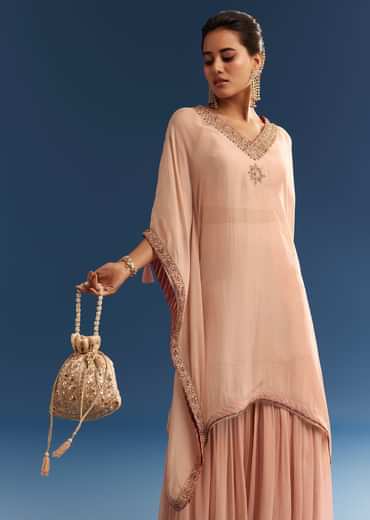 Blush Pink Embroidered Kaftan Sharara Set In Organza