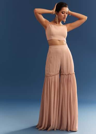 Blush Pink Embroidered Kaftan Sharara Set In Organza