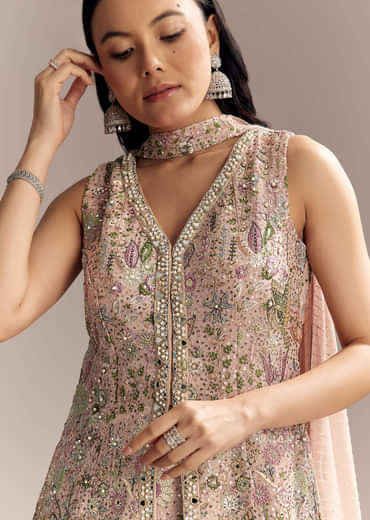 Blush Pink Georgette Palazzo Suit With Sequins And Resham Work