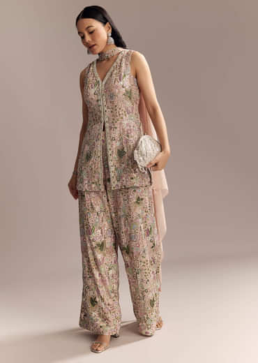 Blush Pink Georgette Palazzo Suit With Sequins And Resham Work