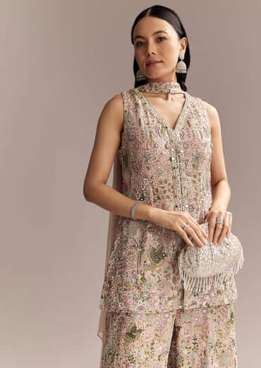 Blush Pink Georgette Palazzo Suit With Sequins And Resham Work