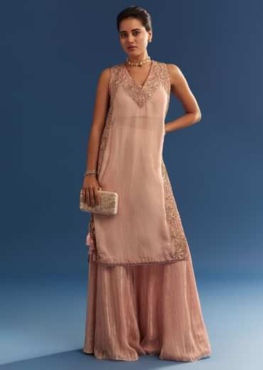 Blush Pink Organza Palazzo Set With Embroidered Kurta