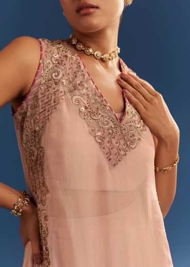 Blush Pink Organza Palazzo Set With Embroidered Kurta
