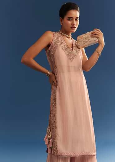 Blush Pink Organza Palazzo Set With Embroidered Kurta