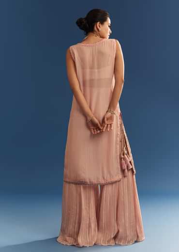 Blush Pink Organza Palazzo Set With Embroidered Kurta
