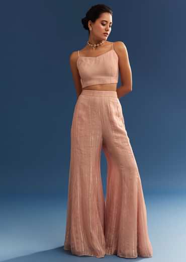 Blush Pink Organza Palazzo Set With Embroidered Kurta