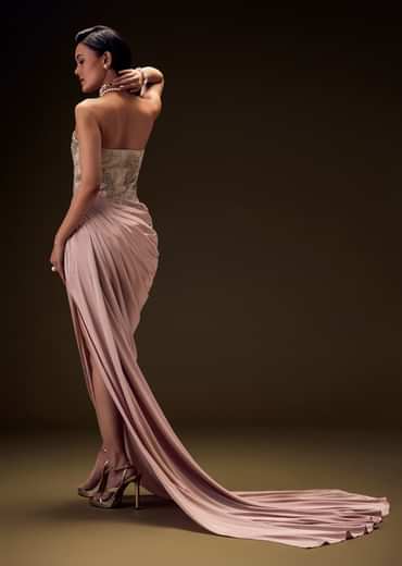 Blush Peach Embroidered Brocade Corset Gown With Drape And Side Slit