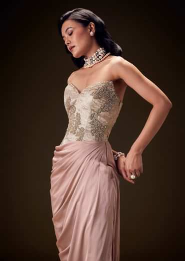Blush Peach Embroidered Brocade Corset Gown With Drape And Side Slit