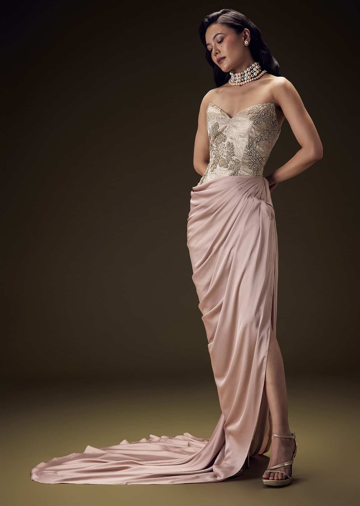Blush Peach Embroidered Brocade Corset Gown With Drape And Side Slit