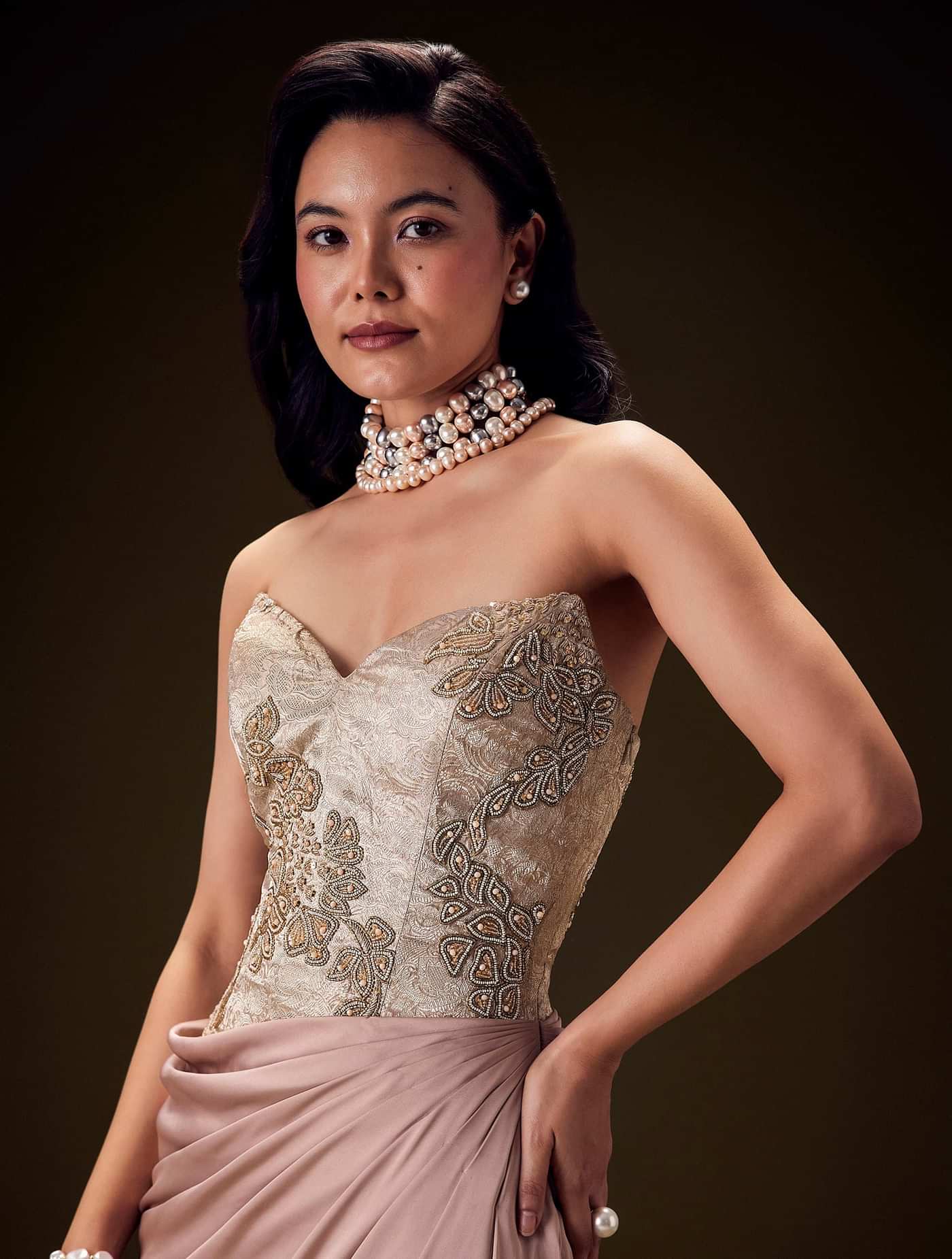 Blush Peach Embroidered Brocade Corset Gown With Drape And Side Slit