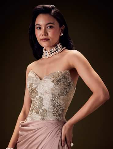 Blush Peach Embroidered Brocade Corset Gown With Drape And Side Slit