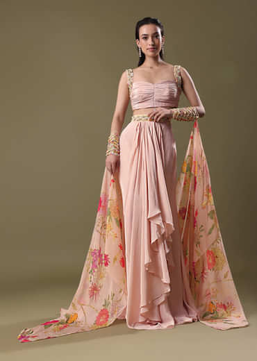 Blush Peach Lehenga With Blouse And Cuff Cape