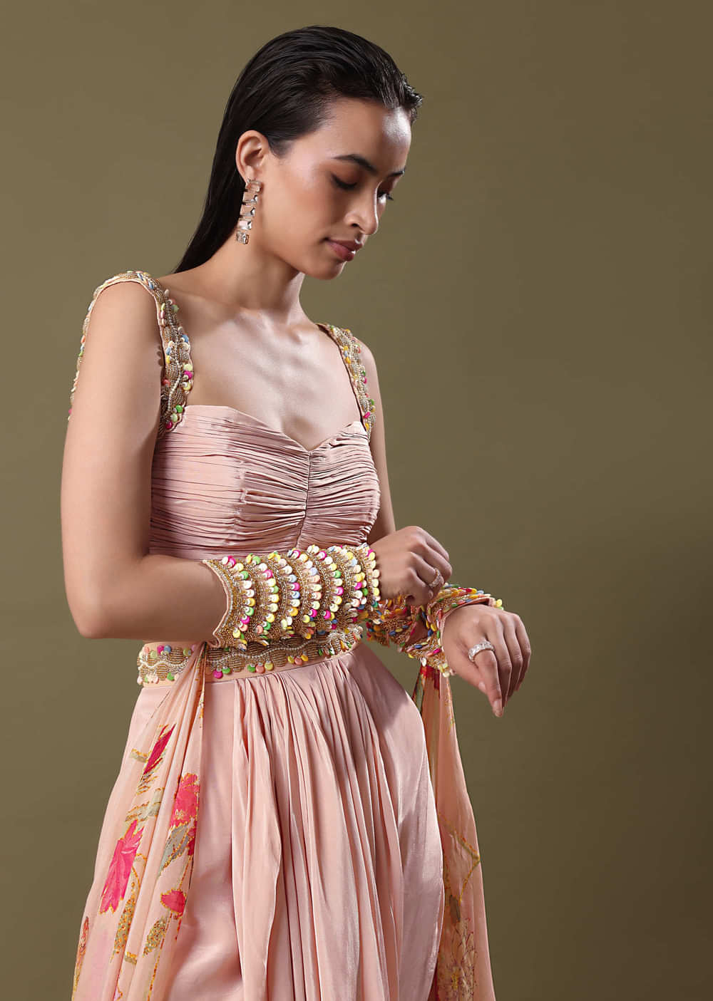 Blush Peach Lehenga With Blouse And Cuff Cape