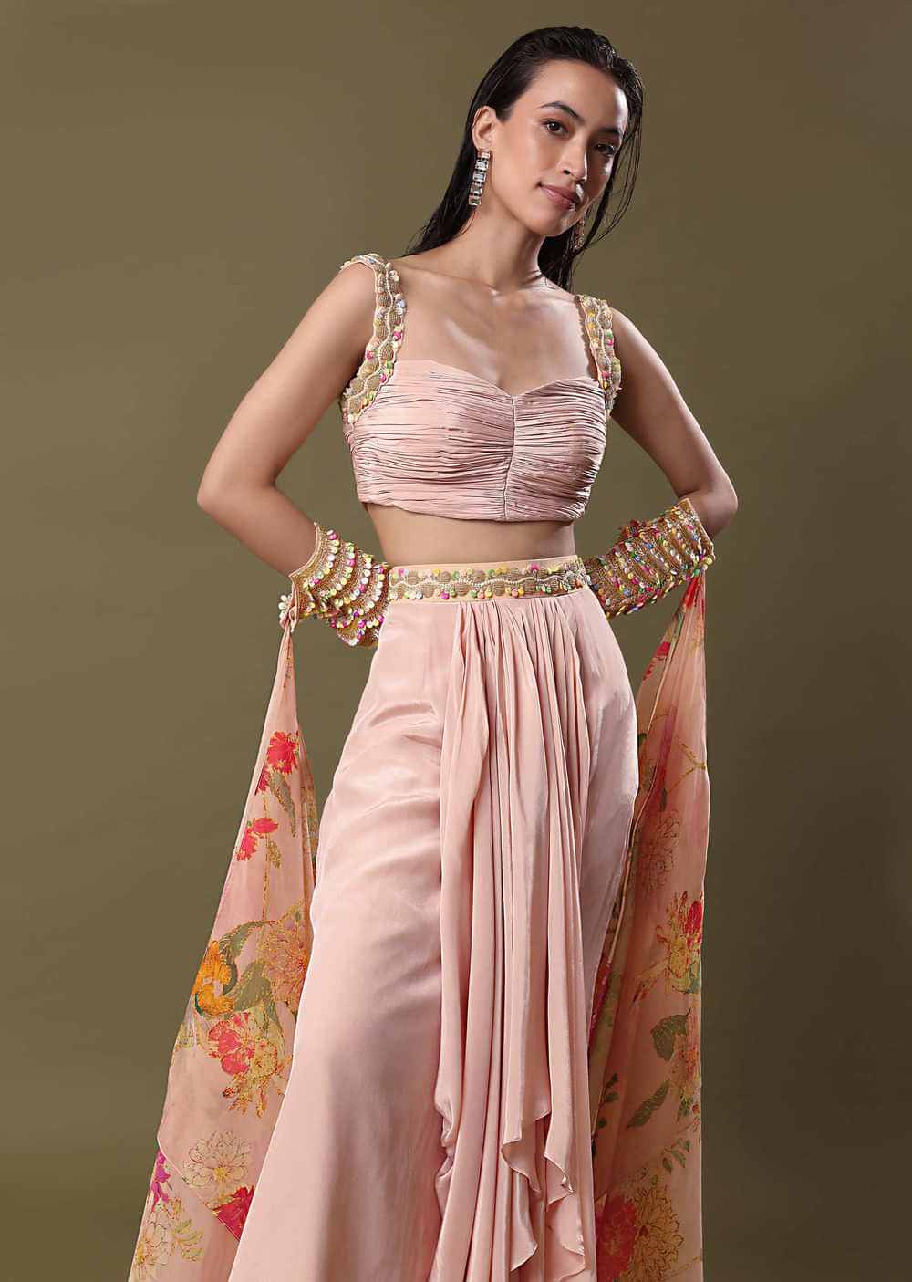 Blush Peach Lehenga With Blouse And Cuff Cape
