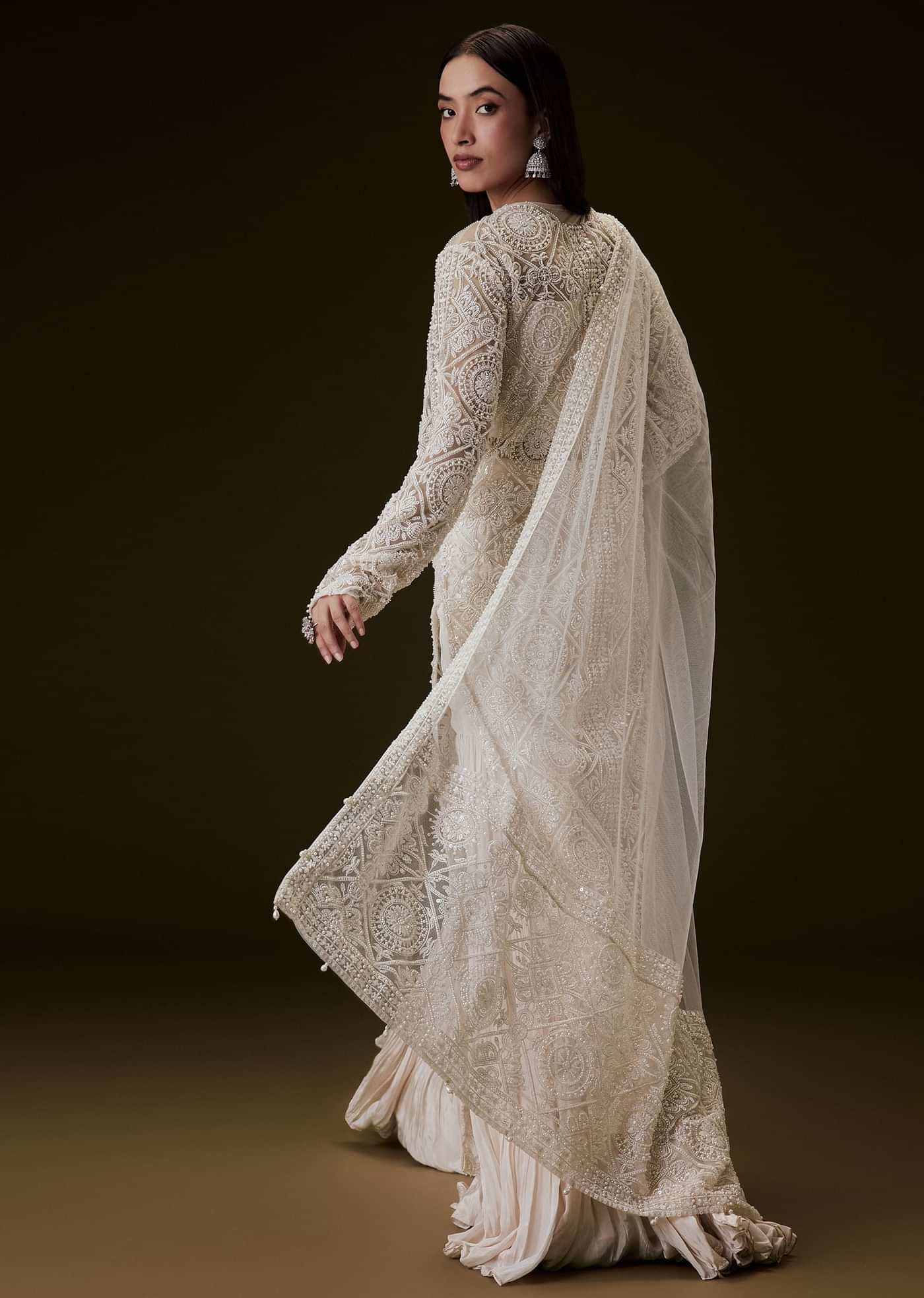 Peach Sharara Set With Sequence Embroidered Long Jacket