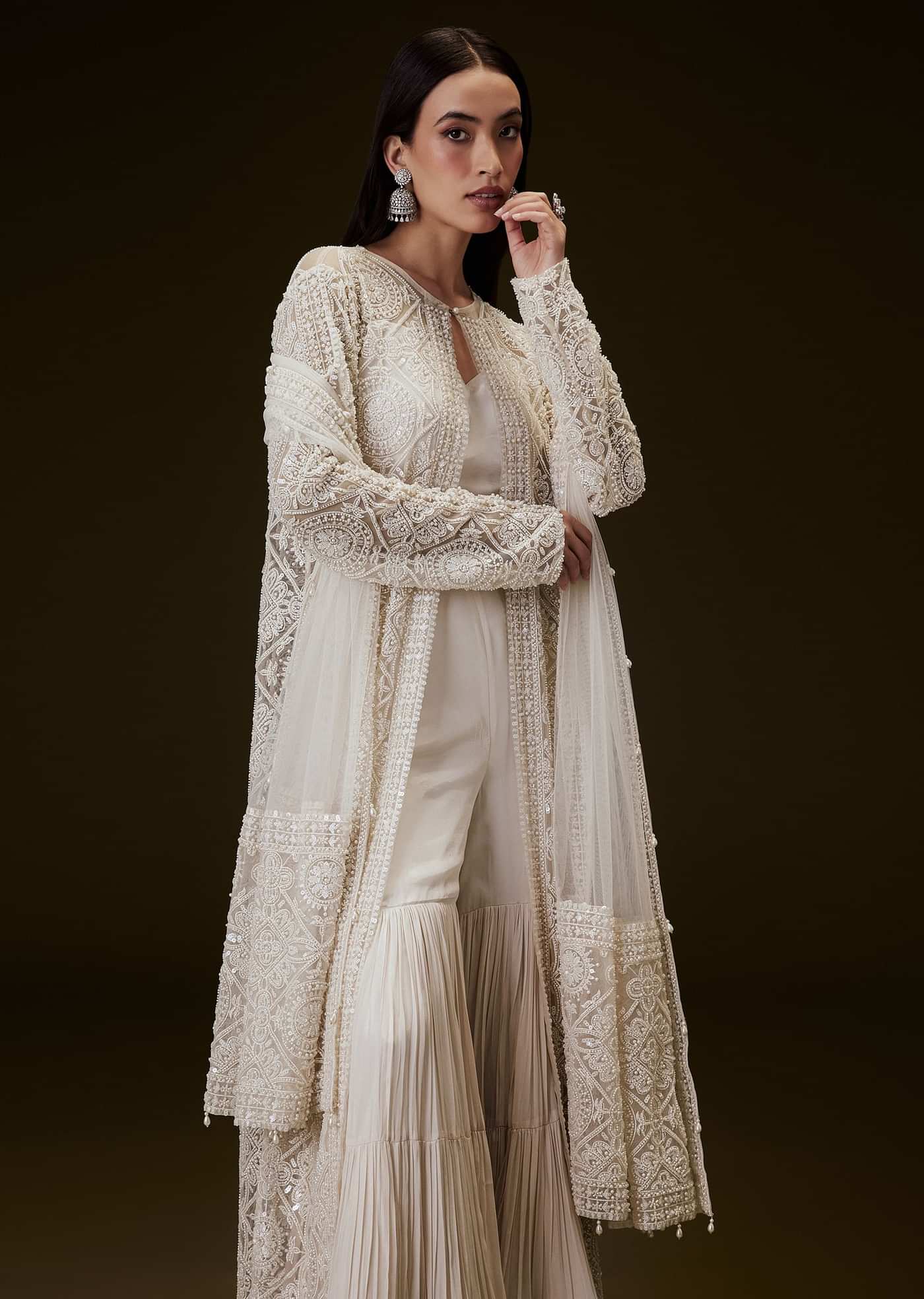 Peach Sharara Set With Sequence Embroidered Long Jacket