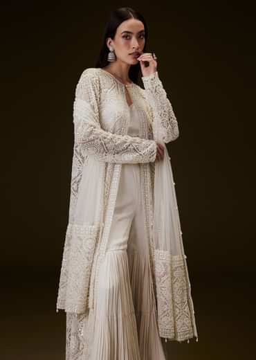 Peach Sharara Set With Sequence Embroidered Long Jacket