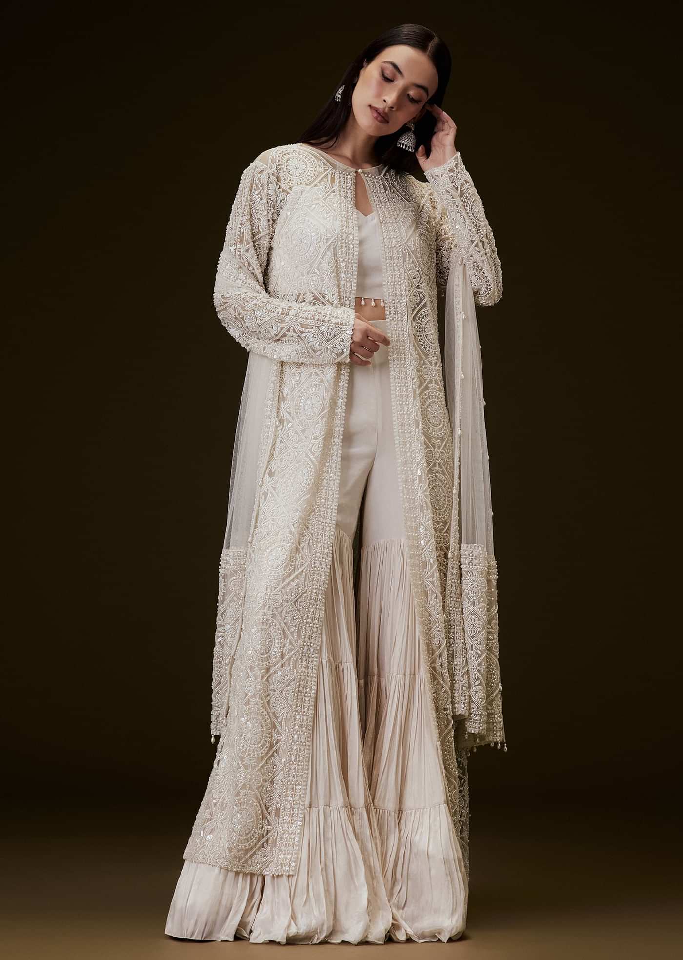 Peach Sharara Set With Sequence Embroidered Long Jacket