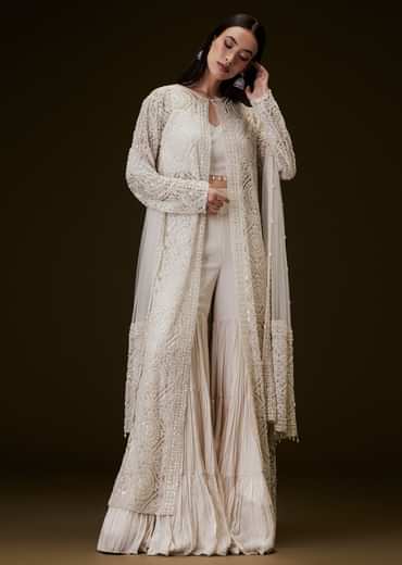 Peach Sharara Set With Sequence Embroidered Long Jacket