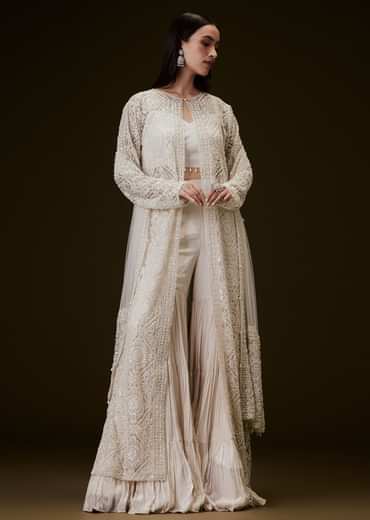 Peach Sharara Set With Sequence Embroidered Long Jacket