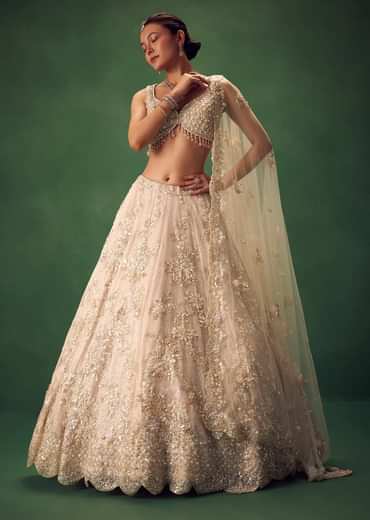 Blush Pink 3D Floral And Bead Work Lehenga Set