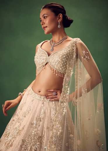 Blush Pink 3D Floral And Bead Work Lehenga Set