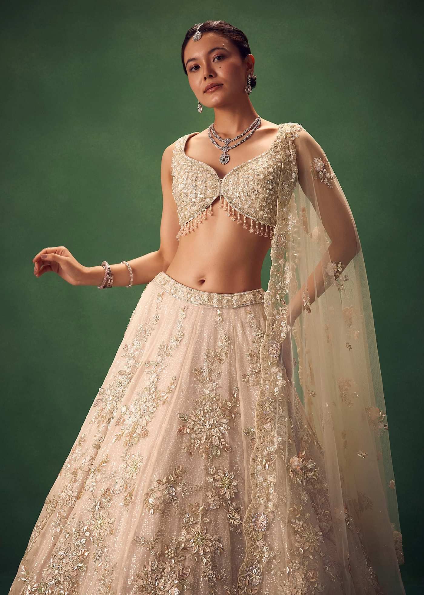 Blush Pink 3D Floral And Bead Work Lehenga Set