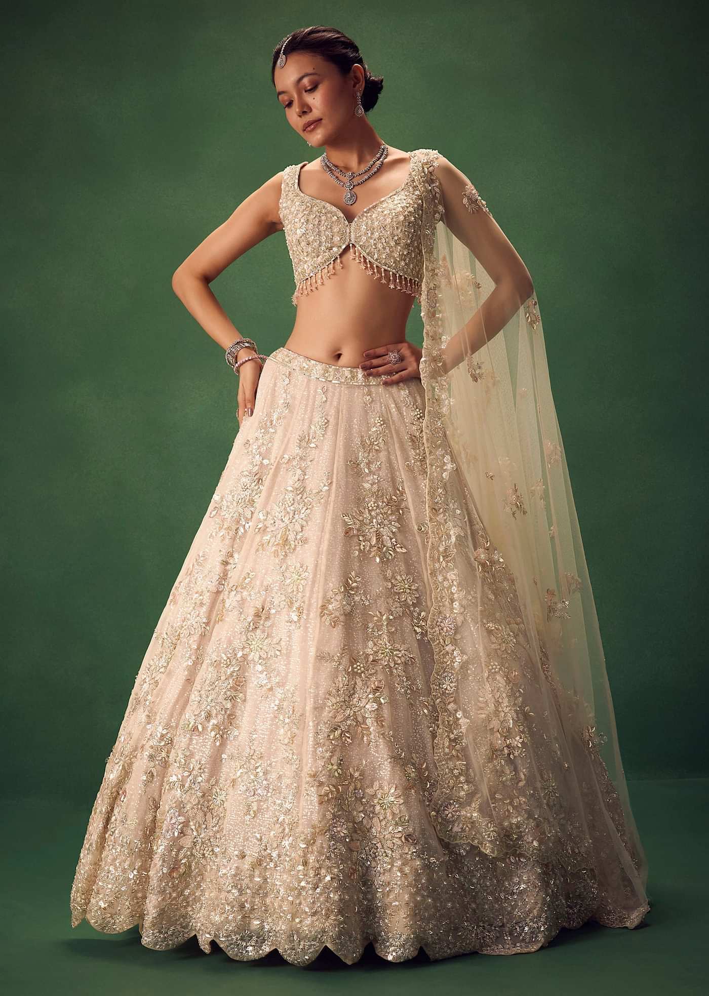 Blush Pink 3D Floral And Bead Work Lehenga Set