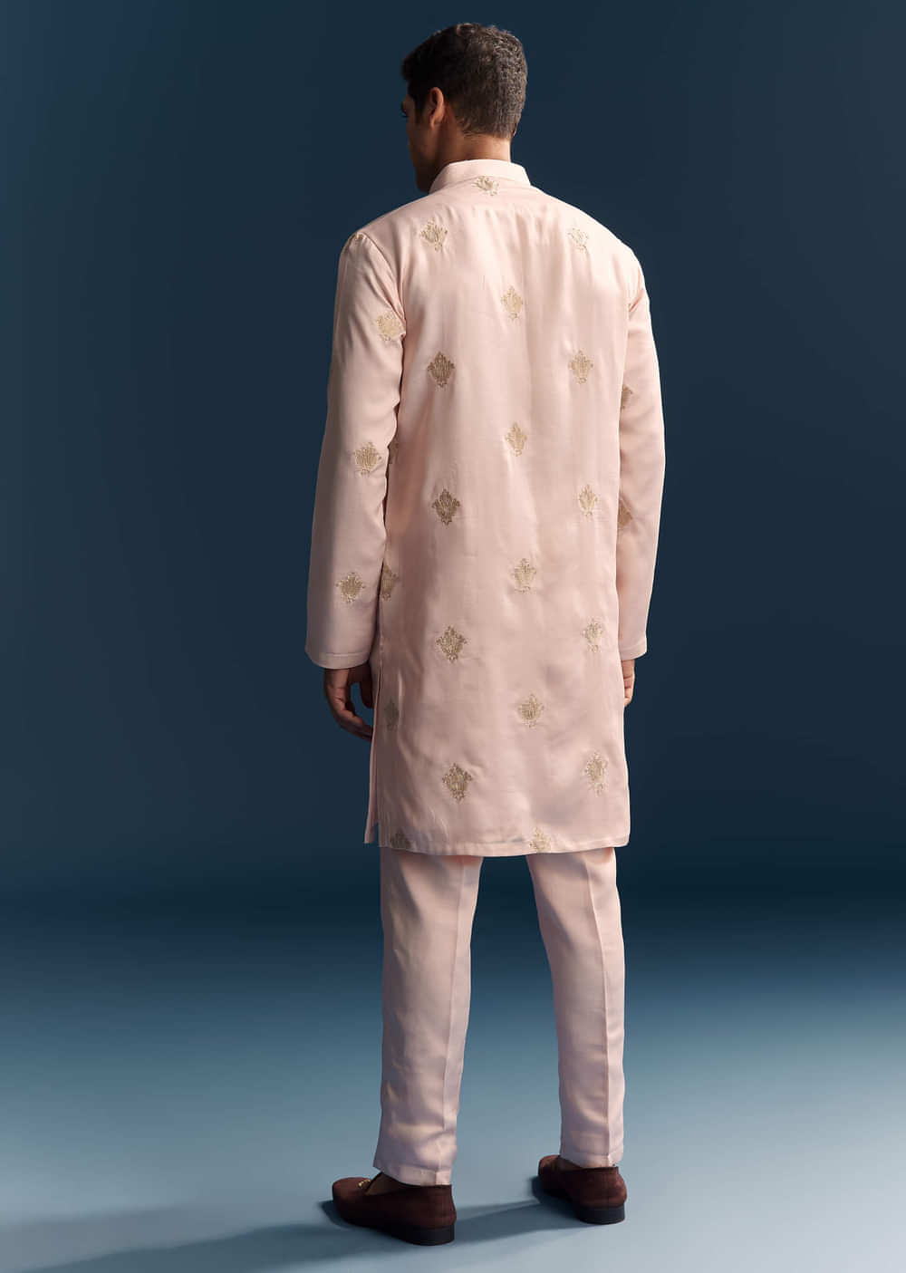 Blush Pink Kurta Set For Men With Gold Thread Work