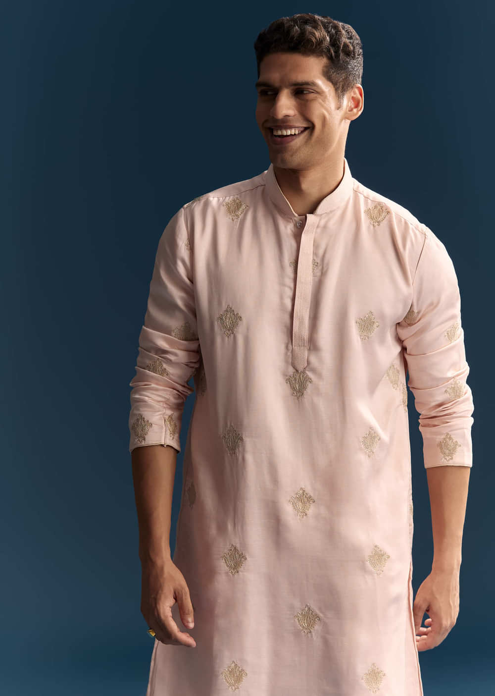 Blush Pink Kurta Set For Men With Gold Thread Work