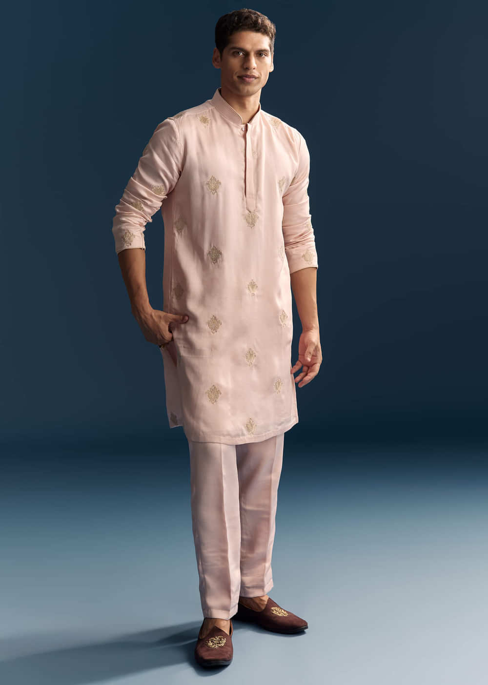 Blush Pink Kurta Set For Men With Gold Thread Work