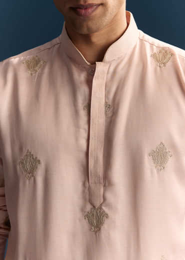 Blush Pink Kurta Set For Men With Gold Thread Work
