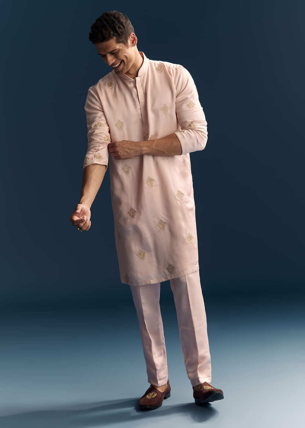 Blush Pink Kurta Set For Men With Gold Thread Work