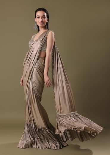 Antique Gold Pre-Stitched Frill Saree With Sequin Blouse