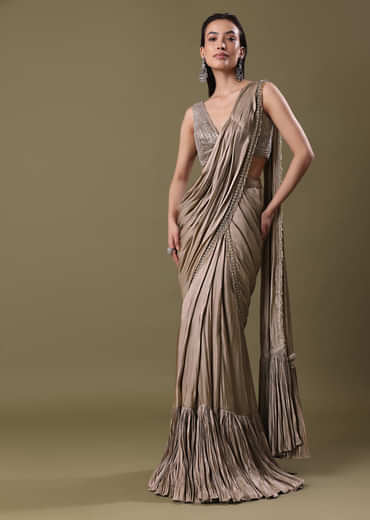 Antique Gold Pre-Stitched Frill Saree With Sequin Blouse