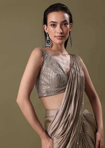 Antique Gold Pre-Stitched Frill Saree With Sequin Blouse