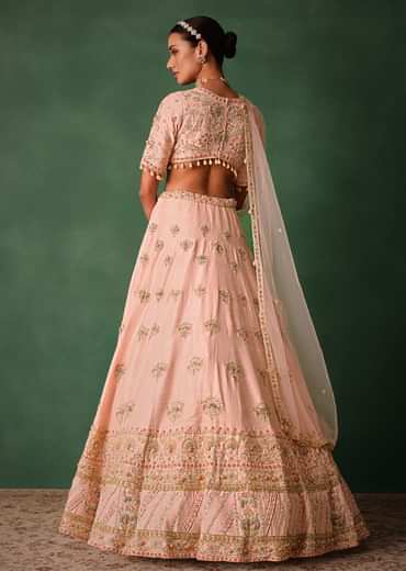 Blush Pink Raw Silk Zardosi Embroidered Bridal Lehenga Set