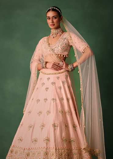 Blush Pink Raw Silk Zardosi Embroidered Bridal Lehenga Set