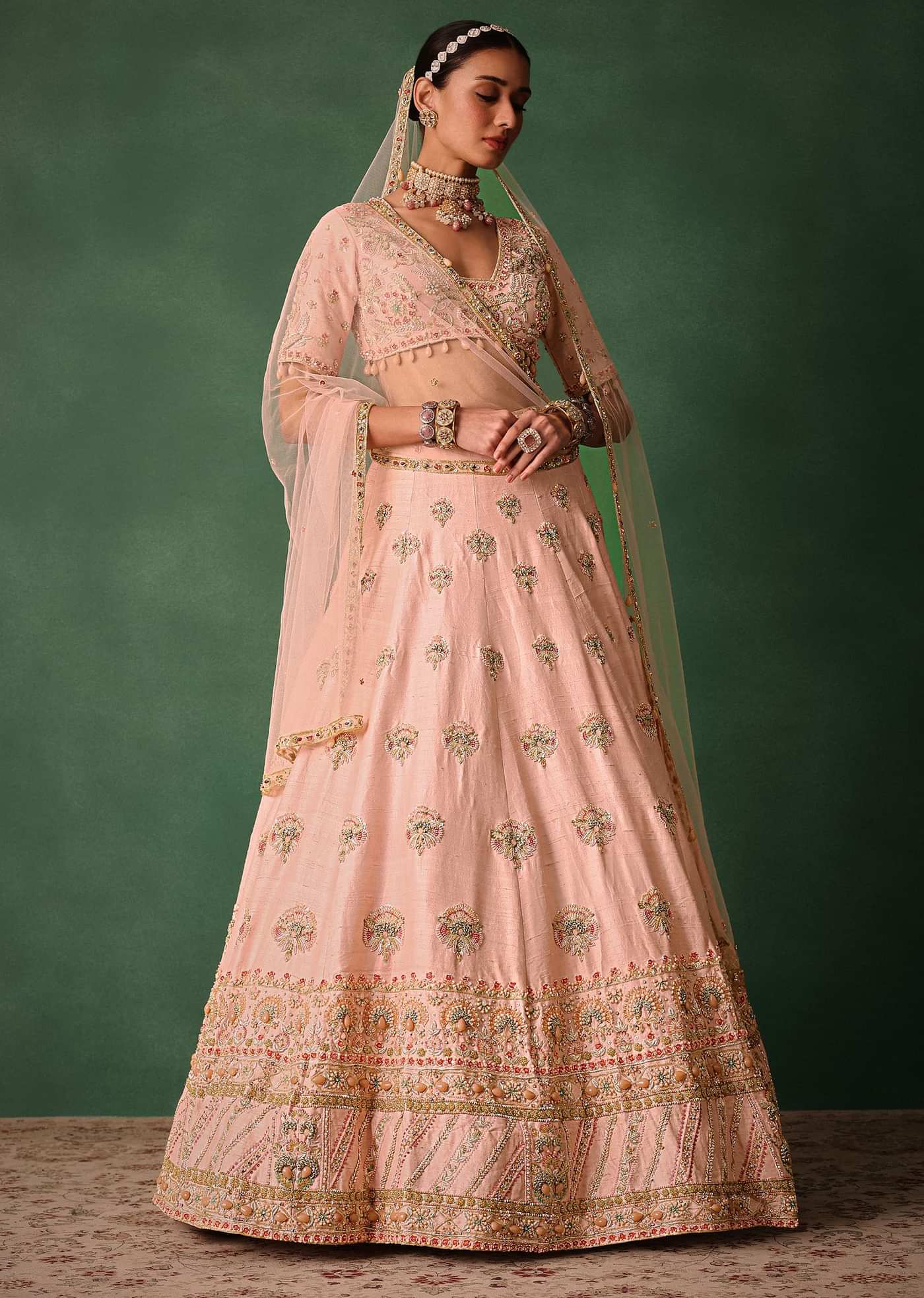 Blush Pink Raw Silk Zardosi Embroidered Bridal Lehenga Set