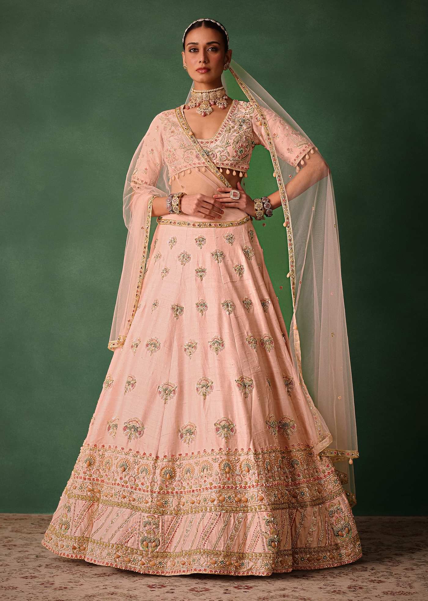 Blush Pink Raw Silk Zardosi Embroidered Bridal Lehenga Set