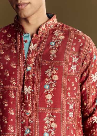 Bold Red Silk Kurta Set With Handcrafted Thread And Sequin Embellishments