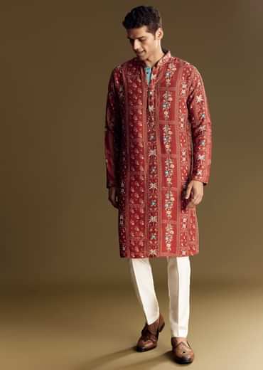 Bold Red Silk Kurta Set With Handcrafted Thread And Sequin Embellishments